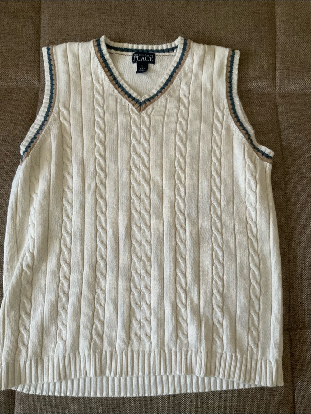 The Children's Place Cream Cable Knit Sweater Vest with Blue and Tan Trim